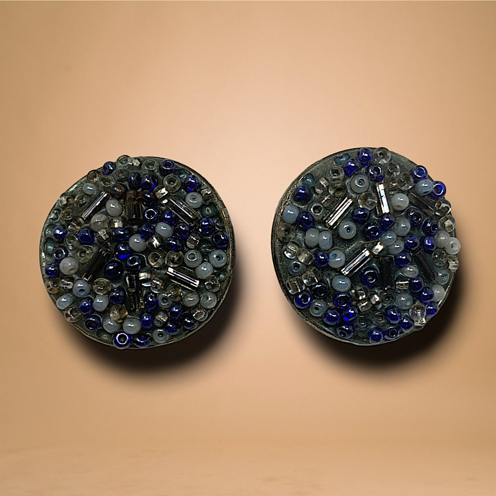 Vintage 1960's Blue & Silver Bead Cluster Button Earrings Clip On New Wave Punk